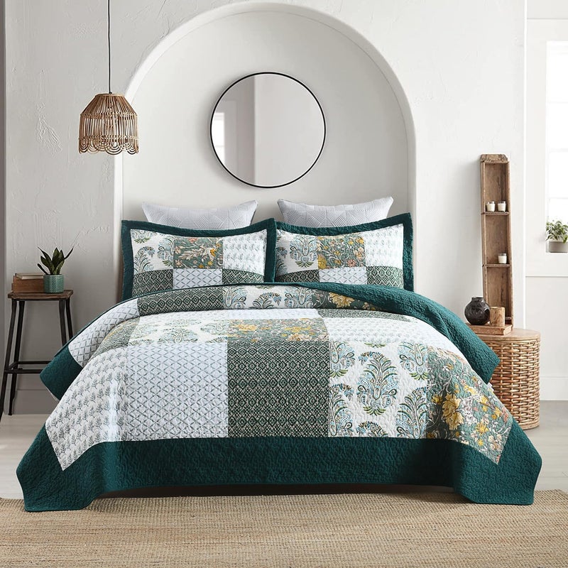 Secgo Queen Comforter Set for Bed - 100% Cotton Quilts Queen Size, Green, Emerald Bedspreads (90 * 98 Inch) with 2 Pillow Shams, Patchwork Reversible Lightweight Bedding - Image 1